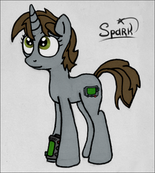 Size: 654x730 | Tagged: safe, artist:sparklestarcat, oc, oc only, oc:littlepip, pony, unicorn, fallout equestria, fanfic, fanfic art, female, mare, pipbuck, simple background, solo