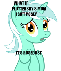 Size: 436x504 | Tagged: safe, fluttershy, lyra heartstrings, posey, rosedust, earth pony, flutter pony, pegasus, pony, g1, g4, conspiracy, conspiracy lyra, exploitable meme, female, meme, queen rosedust, text