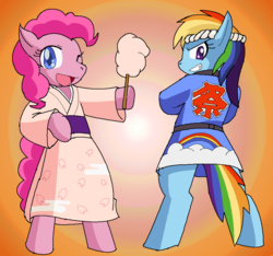 Size: 900x844 | Tagged: safe, artist:tetsutowa, pinkie pie, rainbow dash, pony, g4, bipedal, cotton candy, food, happy, japanese, kimono (clothing), pixiv