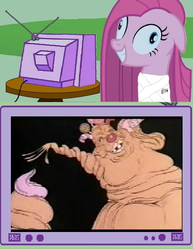 Size: 461x597 | Tagged: safe, pinkie pie, earth pony, pony, g4, exploitable meme, female, greedy, mare, pinkamena diane pie, raggedy ann & andy a musical adventure, trippy, tv meme, wat