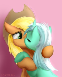 Size: 824x1036 | Tagged: safe, artist:sokolas, applejack, lyra heartstrings, earth pony, pony, unicorn, g4, 30 minute art challenge, duo, female, kiss on the lips, kissing, lesbian, lyrajack, mare