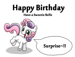 Size: 1024x768 | Tagged: safe, artist:rambopvp, surprise, sweetie belle, g4, cute, happy, happy birthday, jumping, open mouth, smiling, speech bubble, talking