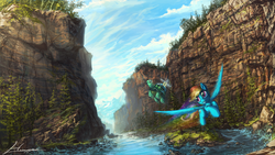 Size: 1920x1080 | Tagged: safe, artist:huussii, rainbow dash, tank, g4, flying, scenery, wallpaper