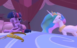 Size: 1280x800 | Tagged: safe, artist:dirtpeanut, princess celestia, twilight sparkle, alicorn, pony, g4, 3d, bed, big crown thingy, crying, female, filly, gmod, mare, raised hoof, sitting, twilight sparkle (alicorn)