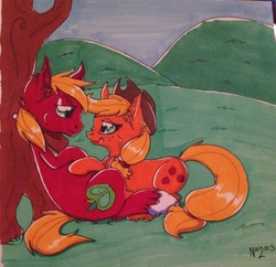 Size: 1536x1485 | Tagged: safe, artist:tigerplushie, applejack, big macintosh, earth pony, pony, g4, grass, incest, looking at each other, male, mountain, ship:applemac, shipping, signature, stallion, straight, traditional art, tree