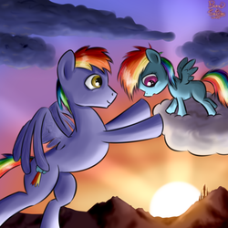 Size: 800x800 | Tagged: safe, artist:brainedbysaucepans, rainbow blaze, rainbow dash, g4, cloud, cloudy, filly, sun