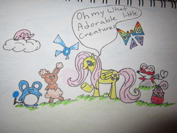 Size: 4000x3000 | Tagged: safe, artist:chappy-rukia, fluttershy, buneary, happiny, little mouser, marill, pegasus, pony, puffball, g4, cloud, colored pencil drawing, crossover, female, kirby, kirby (series), mare, mega crossover, ms. mowz, navi, nintendo, paper mario, paper mario: the thousand year door, pixl, pokémon, speech bubble, super mario bros., super paper mario, the legend of zelda, tippi, traditional art