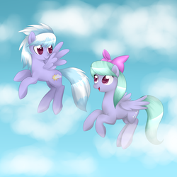 Size: 1024x1024 | Tagged: safe, artist:kitsunewolf95, cloudchaser, flitter, pegasus, pony, g4, cloud, duo, duo female, female, flying, mare