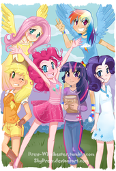 Size: 545x801 | Tagged: safe, artist:skydrew, applejack, fluttershy, pinkie pie, rainbow dash, rarity, twilight sparkle, human, g4, clothes, dress, horn, horned humanization, humanized, skirt, winged humanization