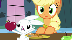 Size: 1280x720 | Tagged: safe, screencap, angel bunny, applejack, g4, keep calm and flutter on, apple, pointing