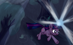 Size: 4000x2472 | Tagged: safe, artist:equie, twilight sparkle, g4, flash, forest, night, running, scared