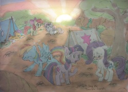 Size: 989x712 | Tagged: safe, artist:darkmage2, apple bloom, rainbow dash, rarity, sweetie belle, twilight sparkle, g4, camping, embarrassed, forest, glasses, sunrise, tent, yawn