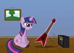 Size: 1920x1387 | Tagged: safe, artist:bcrich40, twilight sparkle, g4, amplifier, flying v, glowing horn, guitar, horn, music, picture, sitting, telekinesis, tongue out