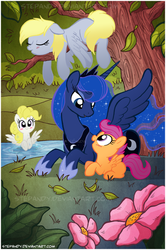 Size: 700x1052 | Tagged: safe, artist:stepandy, derpy hooves, princess luna, scootaloo, surprise, pegasus, pony, g1, g4, blushing, female, flower, g1 to g4, generation leap, leaves, mare, scootalove, sleeping, tree, water