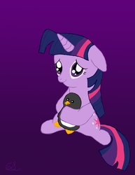 Size: 786x1017 | Tagged: safe, artist:flutteryay56, twilight sparkle, bird, penguin, pony, unicorn, g4, female, filly, filly twilight sparkle, floppy ears, simple background, toy, unicorn twilight, younger