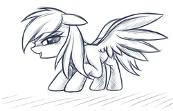 Size: 600x386 | Tagged: source needed, safe, artist:fajeh, rainbow dash, pony, g4, blushing, female, lineart, monochrome, presenting, solo