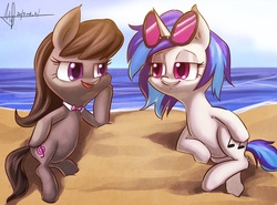 Size: 2760x2038 | Tagged: safe, artist:jggjqm522, dj pon-3, octavia melody, vinyl scratch, g4, beach, ocean, sand