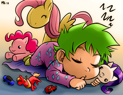 Size: 1280x989 | Tagged: safe, artist:megasweet, artist:trelwin, big macintosh, fluttershy, pinkie pie, rarity, spike, human, g4, baby spike, car, clothes, cute, eyes closed, footed sleeper, hilarious in hindsight, human spike, humanized, pajamas, plushie, prone, rarity plushie, sleeping, spikabetes, toy car, van, younger, zzz