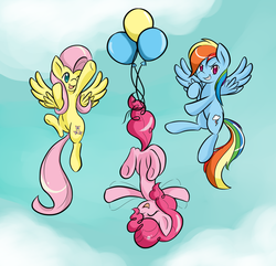 Size: 2752x2657 | Tagged: safe, artist:do-it-yourself, fluttershy, pinkie pie, rainbow dash, g4, balloon, flying, hanging, then watch her balloons lift her up to the sky, upside down