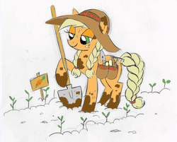 Size: 494x398 | Tagged: safe, artist:lauren faust, applejack, pony, g4, colored, concept art, dirty, female, gardening, lidded eyes, solo