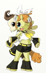Size: 900x1440 | Tagged: safe, artist:wingflyte, pound cake, pumpkin cake, pony, g4, belly button, bipedal, clothes, colt, filly, kagamine len, kagamine rin, midriff, older, vocaloid