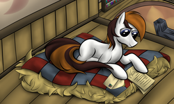 Size: 1024x613 | Tagged: safe, artist:lyricjam, oc, oc only, earth pony, pony, bed, brown mane, house, letter, male, reading, stallion, white