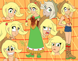 Size: 3094x2437 | Tagged: safe, artist:elactra02, applejack, human, g4, alternate hairstyle, clothes, derp, dress, female, gala dress, humanized, jackletree, liar face, liarjack, multeity, scrunchy face, solo