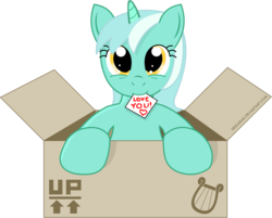 Size: 3622x2915 | Tagged: safe, artist:negasun, lyra heartstrings, pony, unicorn, g4, box, bronybait, cardboard box, cute, female, heart, looking at you, lyrabetes, mouth hold, note, pony in a box, simple background, smiling, solo, transparent background