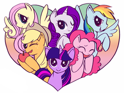 Size: 408x305 | Tagged: safe, applejack, fluttershy, pinkie pie, rainbow dash, rarity, twilight sparkle, g4, apple, heart