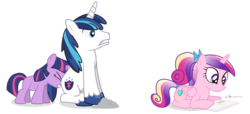 Size: 1650x750 | Tagged: safe, artist:dm29, princess cadance, shining armor, twilight sparkle, g4, butt touch, cute, female, filly, filly twilight sparkle, pushing, rump push, shipper on deck, simple background, transparent background, trio, twilight the shipper, younger