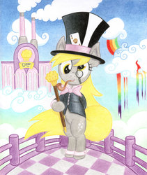 Size: 2000x2365 | Tagged: safe, artist:agamnentzar, derpy hooves, pony, g4, awesome, bipedal, card, charlie and the chocolate factory, cloud, cloudy, crossover, factory, female, hat, mare, monocle, muffin, parody, pipe, rainbow waterfall, roald dahl, solo, standing, top hat, traditional art, willy wonka, willy wonka and the chocolate factory