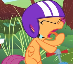 Size: 1224x1080 | Tagged: safe, screencap, scootaloo, pony, g4, the cutie mark chronicles, cropped, faic, female, helmet, hoof licking, licking, reaction image, scooter, solo, tongue out