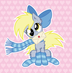 Size: 6000x6084 | Tagged: safe, artist:agamnentzar, derpy hooves, g4, absurd resolution, bow, chest fluff, clothes, cute, daaaaaaaaaaaw, derpabetes, filly, fluffy, hnnng, letter, mail, mouth hold, scarf, socks, striped socks, vector
