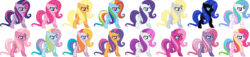 Size: 2992x684 | Tagged: safe, artist:colossalstinker, color edit, applejack, cheerilee, derpy hooves, fluttershy, nightmare moon, pinkie pie, princess celestia, rainbow dash, rarity, scootaloo, starsong, sweetie belle, toola-roola, twilight sparkle, pegasus, pony, g3, g4, female, mare, palette swap, recolor, simple background, transparent background