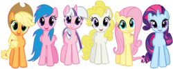 Size: 843x337 | Tagged: safe, artist:colossalstinker, applejack, firefly, fluttershy, pinkie pie, posey, rainbow dash, rarity, sparkler (g1), surprise, twilight, twilight sparkle, earth pony, pegasus, pony, unicorn, g1, g4, female, mare, palette swap, simple background, transparent background