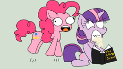 Size: 1169x658 | Tagged: safe, artist:kai-t-linbee, pinkie pie, twilight sparkle, earth pony, pony, unicorn, g4, book, female, foaming at the mouth, mare