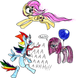 Size: 1538x1586 | Tagged: safe, artist:colossalstinker, fluttershy, pinkie pie, rainbow dash, earth pony, pegasus, pony, g4, balloon, female, mare, modular, pinkamena diane pie, simple background, transparent background, trio, trio female