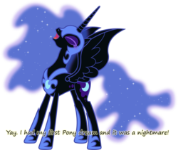 Size: 948x800 | Tagged: safe, artist:90sigma, edit, vector edit, nightmare moon, alicorn, pony, g4, concave belly, ethereal mane, eyes closed, female, helmet, hoof shoes, insane pony thread, jewelry, laughing, long legs, mare, open mouth, peytral, regalia, simple background, slender, solo, spread wings, tall, text, thin, transparent background, vector, wings