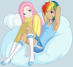 Size: 900x825 | Tagged: dead source, safe, artist:kieuseru, fluttershy, rainbow dash, human, g4, armpits, clothes, cloud, humanized, missing shoes, shorts, socks, sweater, sweatershy, tank top