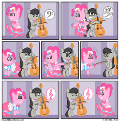 Size: 950x958 | Tagged: safe, artist:gx, octavia melody, pinkie pie, earth pony, pony, g4, broken string, cello, clothes, comic, dress, female, gala dress, horsepower, mare, musical instrument, playing