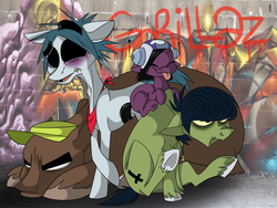 Size: 1024x768 | Tagged: safe, artist:azurephobia, 2-d, gorillaz, murdoc, noodle, ponified, russel