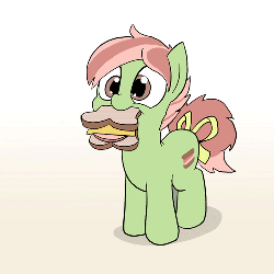 Size: 500x500 | Tagged: safe, artist:docwario, oc, oc only, oc:hamsandwich, earth pony, pony, animated, blushing, bologna, bow, cute, fixed, food, gradient background, hnnng, male, mouth hold, ocbetes, ponified, sandwich, solo, tail, tail bow