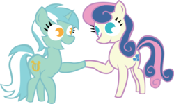 Size: 1137x684 | Tagged: safe, artist:alisonwonderland1951, bon bon, lyra heartstrings, sweetie drops, earth pony, pony, unicorn, g4, female, holding hooves, lesbian, no pupils, ship:lyrabon, shipping, simple background, smiling, transparent background, vector