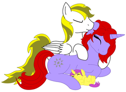 Size: 2854x2097 | Tagged: safe, artist:amora-silverspark, oc, oc only, oc:aurora star, oc:rising dawn, oc:seraphem, pegasus, pony, unicorn, eyes closed, family, foal, hug, on back, prone, simple background, white background