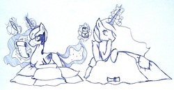 Size: 2470x1272 | Tagged: safe, artist:kattomierz, princess celestia, princess luna, g4, monochrome