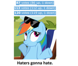 Size: 1030x873 | Tagged: safe, edit, edited screencap, screencap, rainbow dash, pegasus, pony, g4, too many pinkie pies, beach chair, chair, cropped, female, haters gonna hate, mare, meta, reaction image, scrunchy face, shrug, sunglasses, text, votes