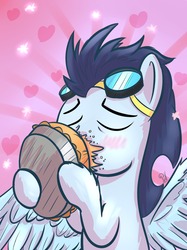 Size: 1280x1707 | Tagged: safe, artist:pirill, soarin', pony, g4, 30 minute art challenge, blushing, heart, kissing, male, pie, sloppy kissing, solo, that pony sure does love pies