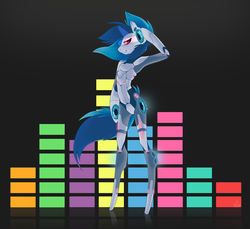 Size: 1280x1175 | Tagged: dead source, safe, artist:pon-ee, dj pon-3, vinyl scratch, robot, semi-anthro, g4, bipedal, equalizer, female, solo