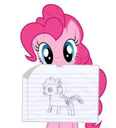 Size: 548x600 | Tagged: safe, pinkie pie, oc, oc:sketchy the notebook pony, g4, drawing, lined paper, sketch, traditional art