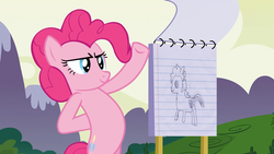 Size: 1067x600 | Tagged: safe, edit, edited screencap, screencap, pinkie pie, oc, oc:sketchy the notebook pony, earth pony, pony, g4, too many pinkie pies, bipedal, drawing, female, flipchart, lined paper, mare, sketch, solo
